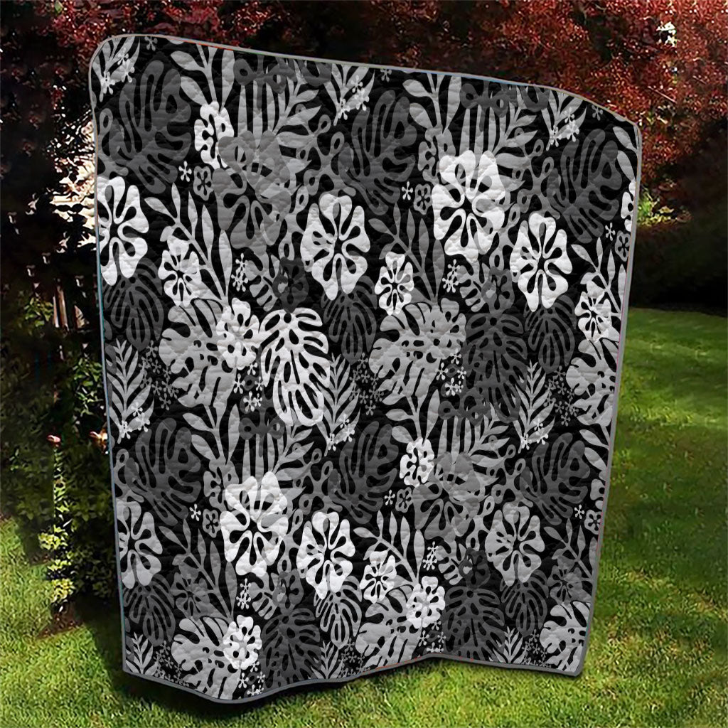 Black Aloha Hawaiian Quilt Monstera Hibiscus Tropical Pattern