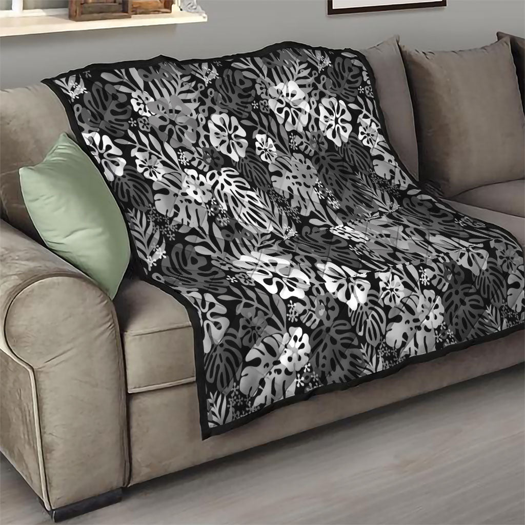 Black Aloha Hawaiian Quilt Monstera Hibiscus Tropical Pattern