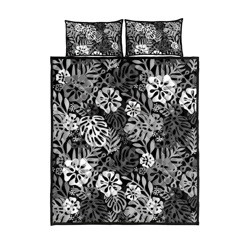 Black Aloha Hawaiian Quilt Bed Set Monstera Hibiscus Tropical Pattern