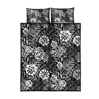 Black Aloha Hawaiian Quilt Bed Set Monstera Hibiscus Tropical Pattern