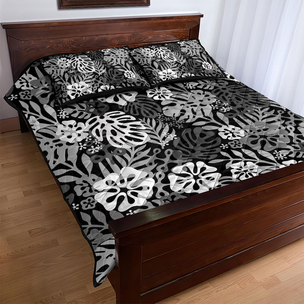 Black Aloha Hawaiian Quilt Bed Set Monstera Hibiscus Tropical Pattern