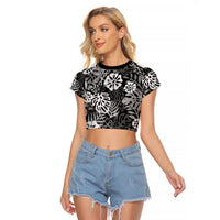Black Aloha Hawaiian Raglan Cropped T Shirt Monstera Hibiscus Tropical Pattern