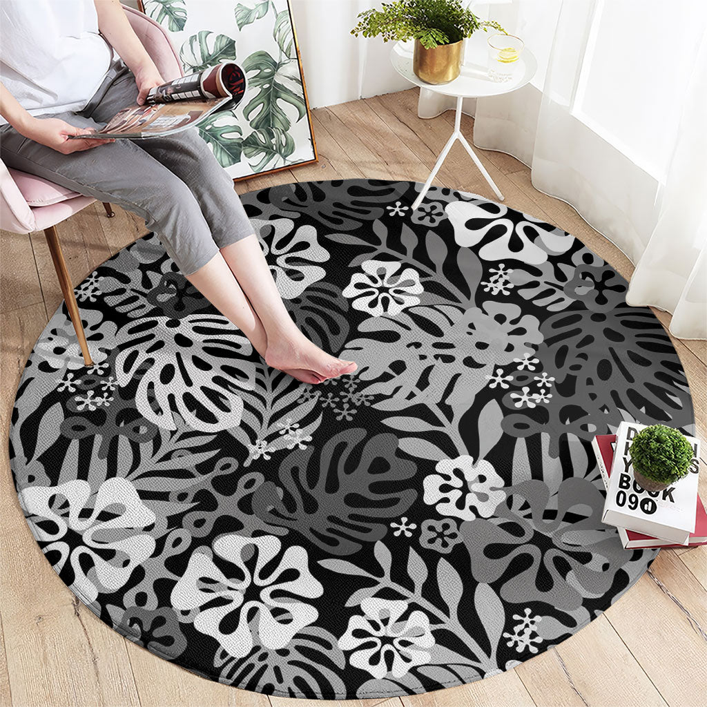 Black Aloha Hawaiian Round Carpet Monstera Hibiscus Tropical Pattern