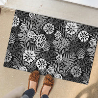 Black Aloha Hawaiian Rubber Doormat Monstera Hibiscus Tropical Pattern