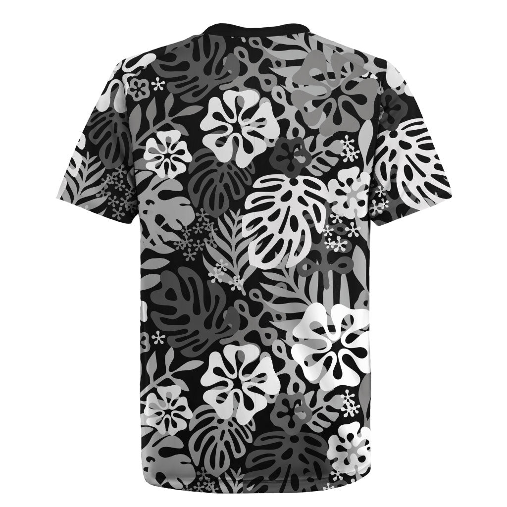 Black Aloha Hawaiian Rugby Jersey Monstera Hibiscus Tropical Pattern