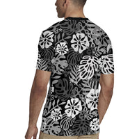 Black Aloha Hawaiian Rugby Jersey Monstera Hibiscus Tropical Pattern