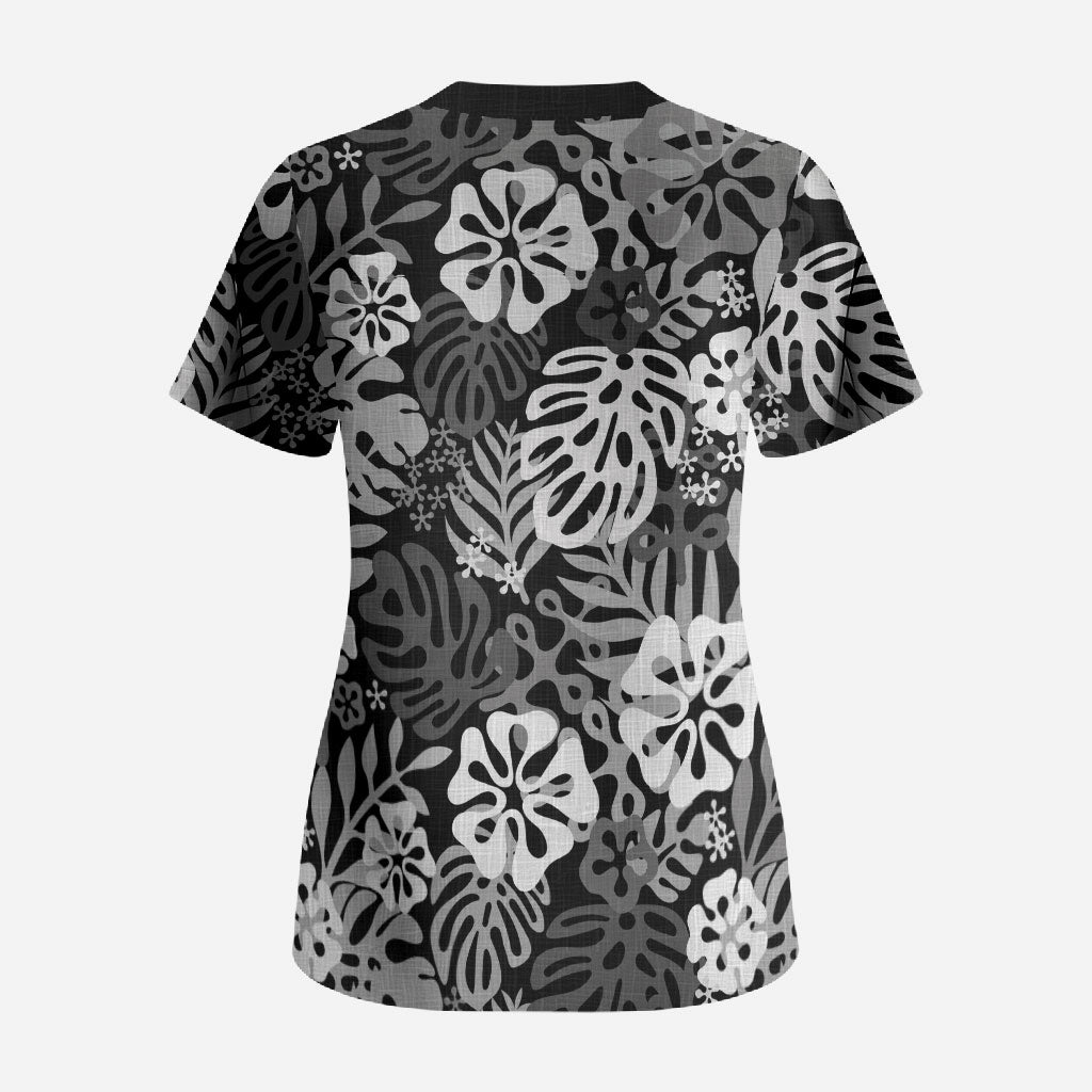 Black Aloha Hawaiian Scrub Top Monstera Hibiscus Tropical Pattern
