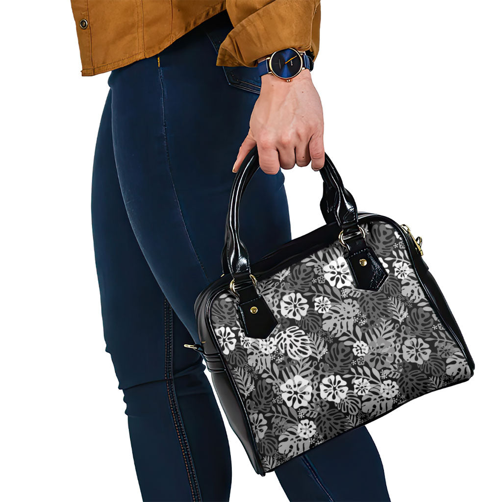Black Aloha Hawaiian Shoulder Handbag Monstera Hibiscus Tropical Pattern
