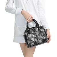 Black Aloha Hawaiian Shoulder Handbag Monstera Hibiscus Tropical Pattern