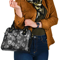 Black Aloha Hawaiian Shoulder Handbag Monstera Hibiscus Tropical Pattern