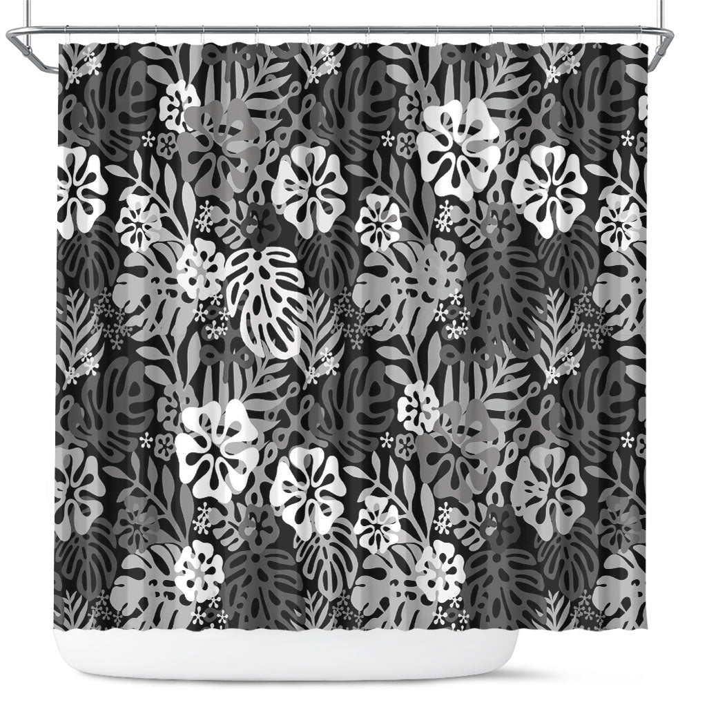 Black Aloha Hawaiian Shower Curtain Monstera Hibiscus Tropical Pattern