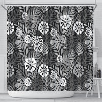 Black Aloha Hawaiian Shower Curtain Monstera Hibiscus Tropical Pattern