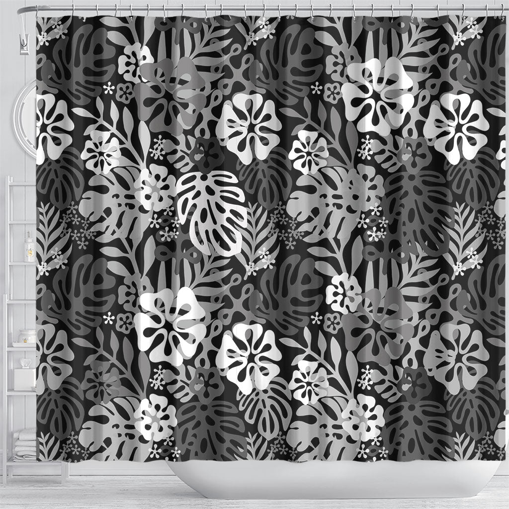 Black Aloha Hawaiian Shower Curtain Monstera Hibiscus Tropical Pattern