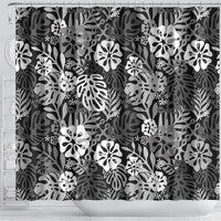 Black Aloha Hawaiian Shower Curtain Monstera Hibiscus Tropical Pattern