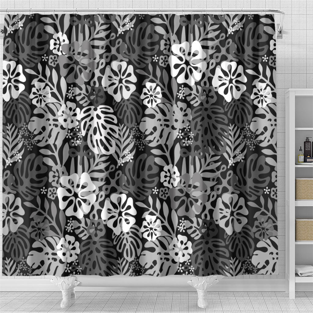 Black Aloha Hawaiian Shower Curtain Monstera Hibiscus Tropical Pattern