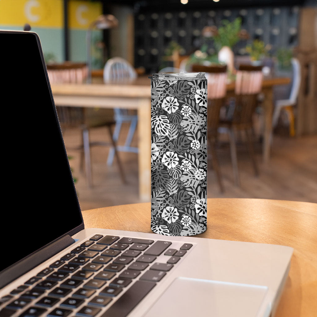 Black Aloha Hawaiian Skinny Tumbler Monstera Hibiscus Tropical Pattern