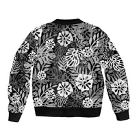 Black Aloha Hawaiian Sleeve Zip Bomber Jacket Monstera Hibiscus Tropical Pattern