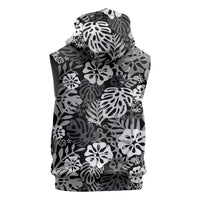 Black Aloha Hawaiian Sleeveless Hoodie Monstera Hibiscus Tropical Pattern
