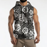 Black Aloha Hawaiian Sleeveless Hoodie Monstera Hibiscus Tropical Pattern