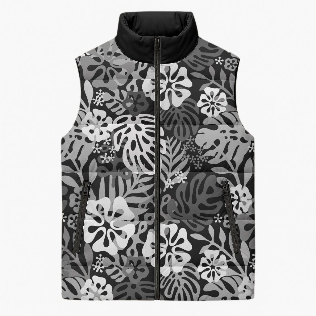 Black Aloha Hawaiian Sleeveless Puffer Jacket Monstera Hibiscus Tropical Pattern