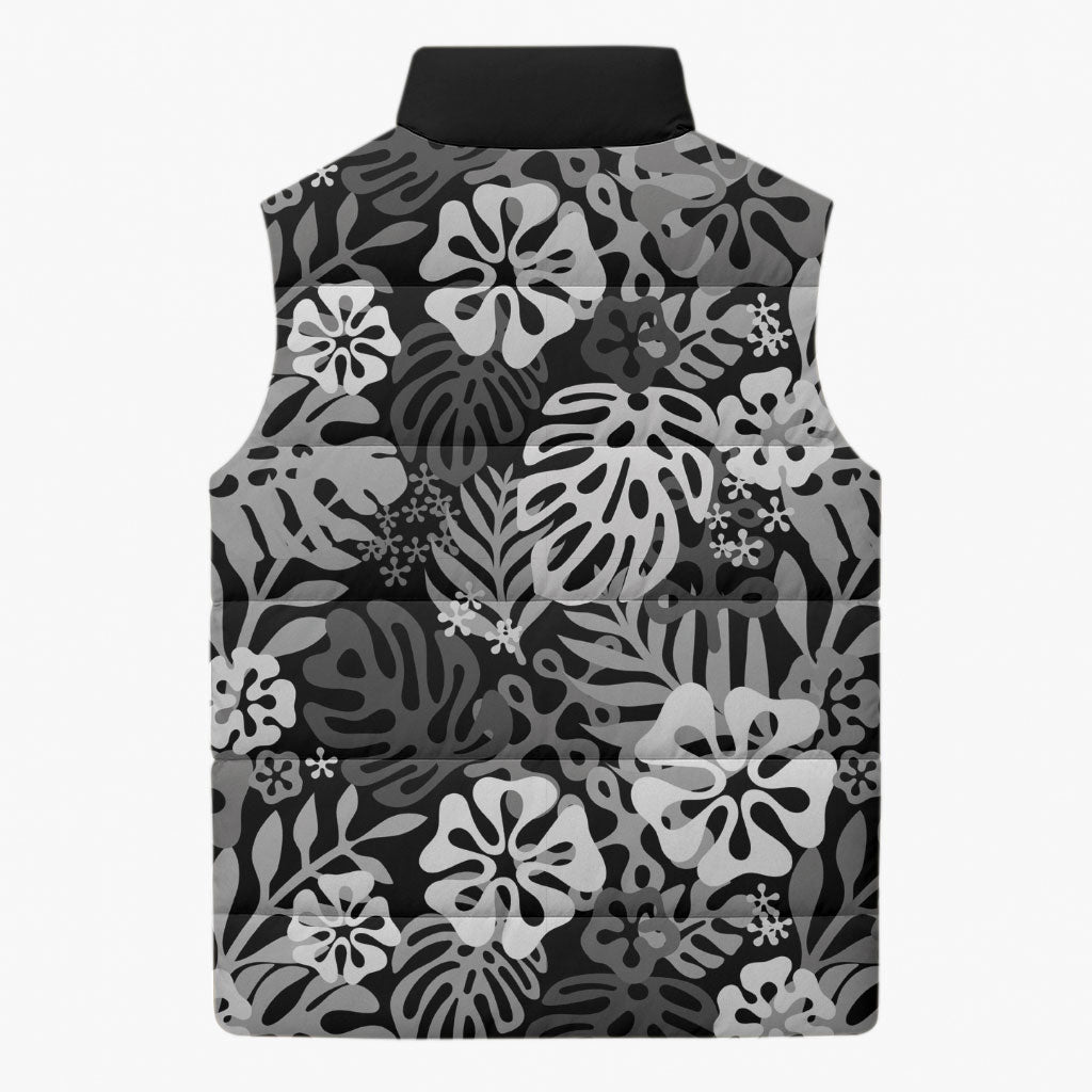 Black Aloha Hawaiian Sleeveless Puffer Jacket Monstera Hibiscus Tropical Pattern