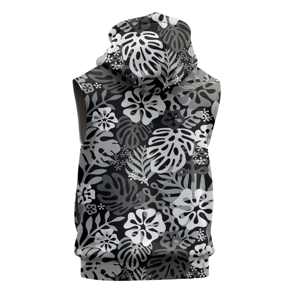 Black Aloha Hawaiian Sleeveless Zip Hoodie Monstera Hibiscus Tropical Pattern