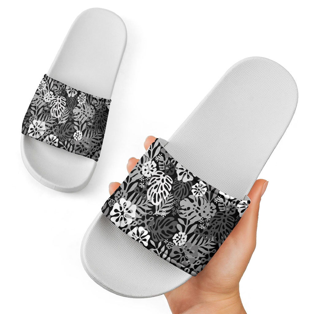 Black Aloha Hawaiian Slide Sandals Monstera Hibiscus Tropical Pattern