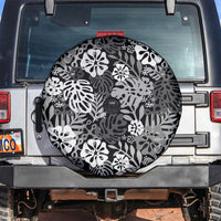 Black Aloha Hawaiian Spare Tire Cover Monstera Hibiscus Tropical Pattern