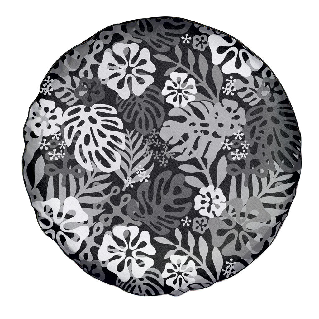 Black Aloha Hawaiian Spare Tire Cover Monstera Hibiscus Tropical Pattern