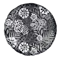 Black Aloha Hawaiian Spare Tire Cover Monstera Hibiscus Tropical Pattern