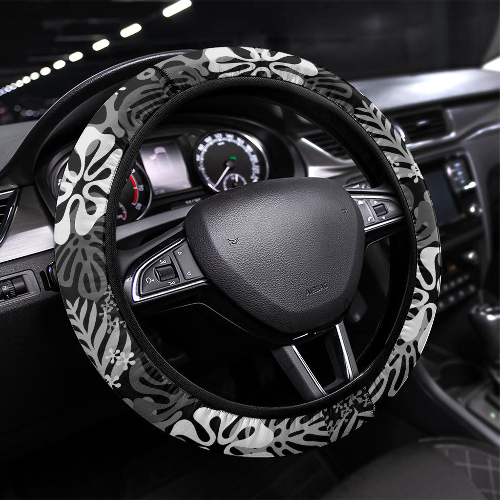 Black Aloha Hawaiian Steering Wheel Cover Monstera Hibiscus Tropical Pattern