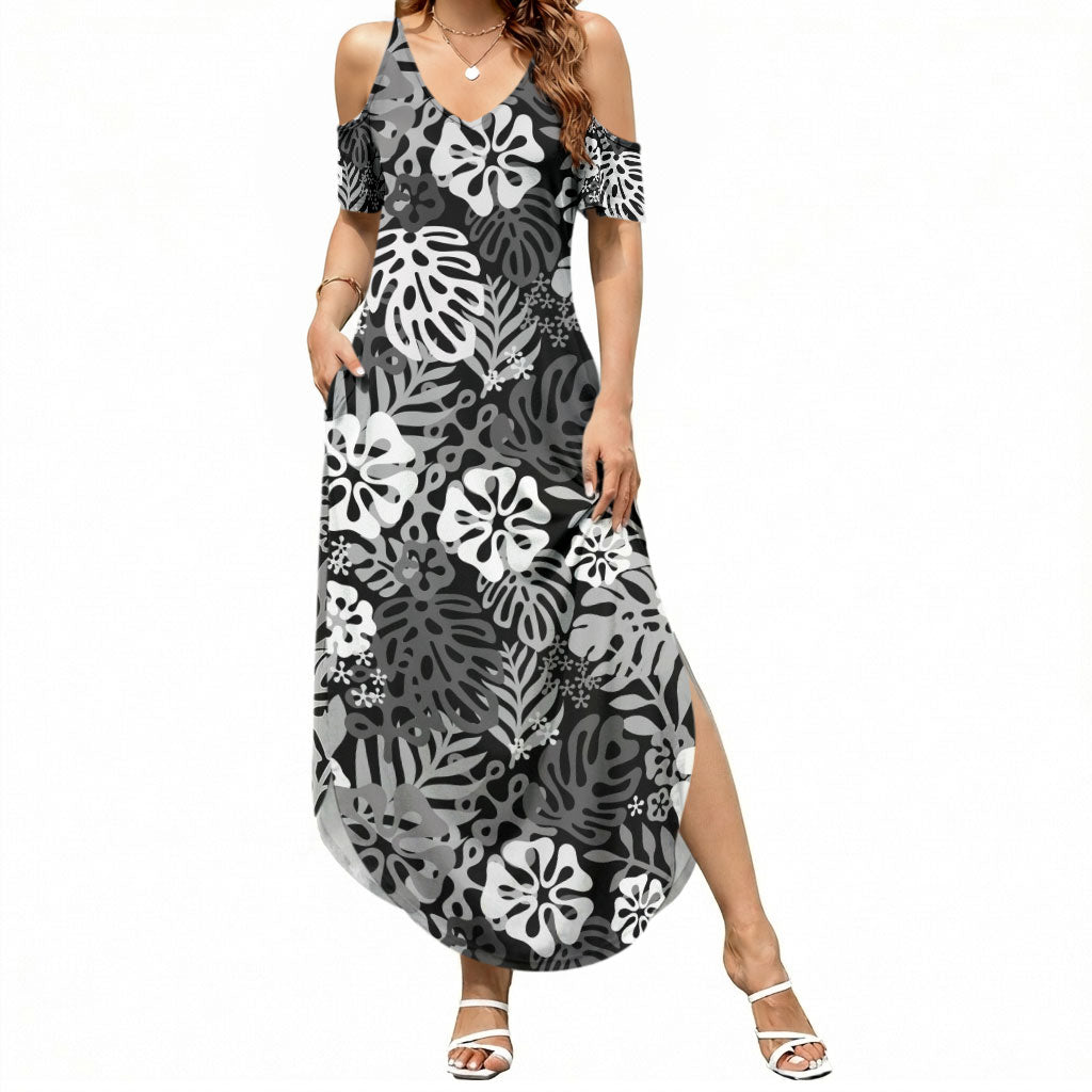 Black Aloha Hawaiian Summer Maxi Dress Monstera Hibiscus Tropical Pattern