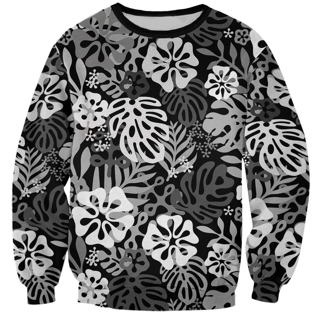 Black Aloha Hawaiian Sweatshirt Monstera Hibiscus Tropical Pattern