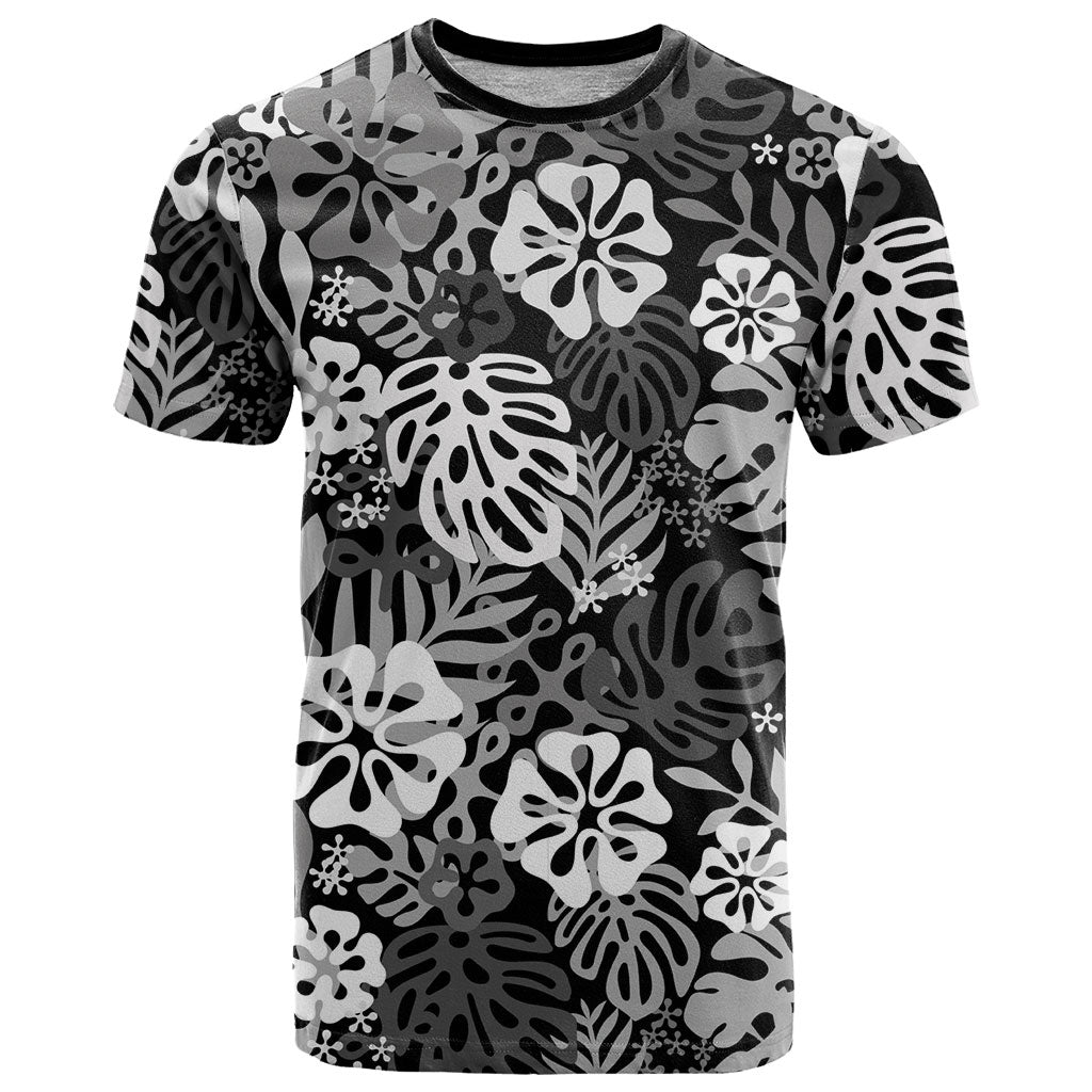 Black Aloha Hawaiian T Shirt Monstera Hibiscus Tropical Pattern