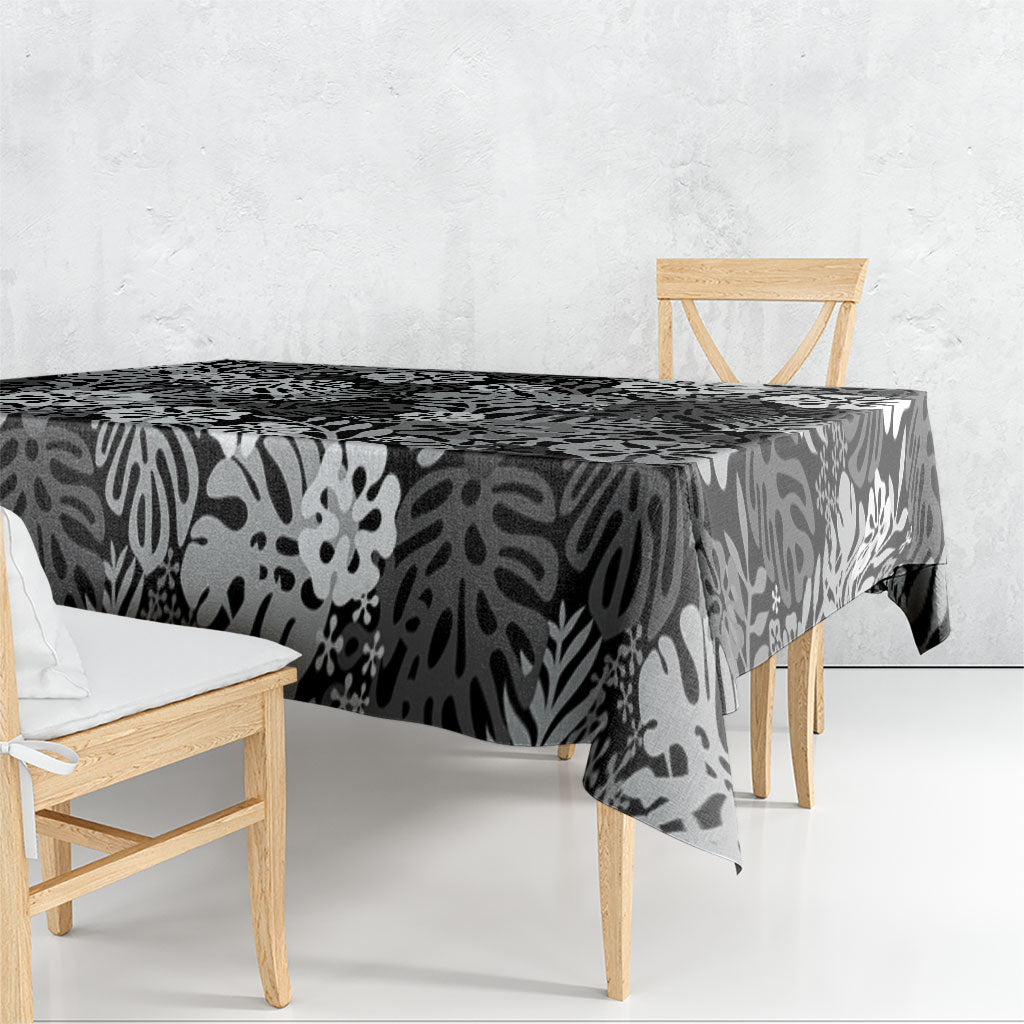 Black Aloha Hawaiian Tablecloth Monstera Hibiscus Tropical Pattern