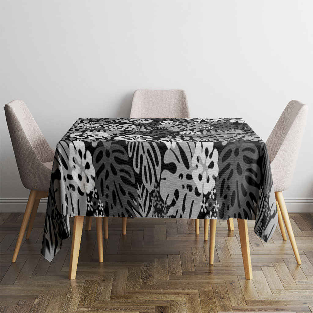 Black Aloha Hawaiian Tablecloth Monstera Hibiscus Tropical Pattern