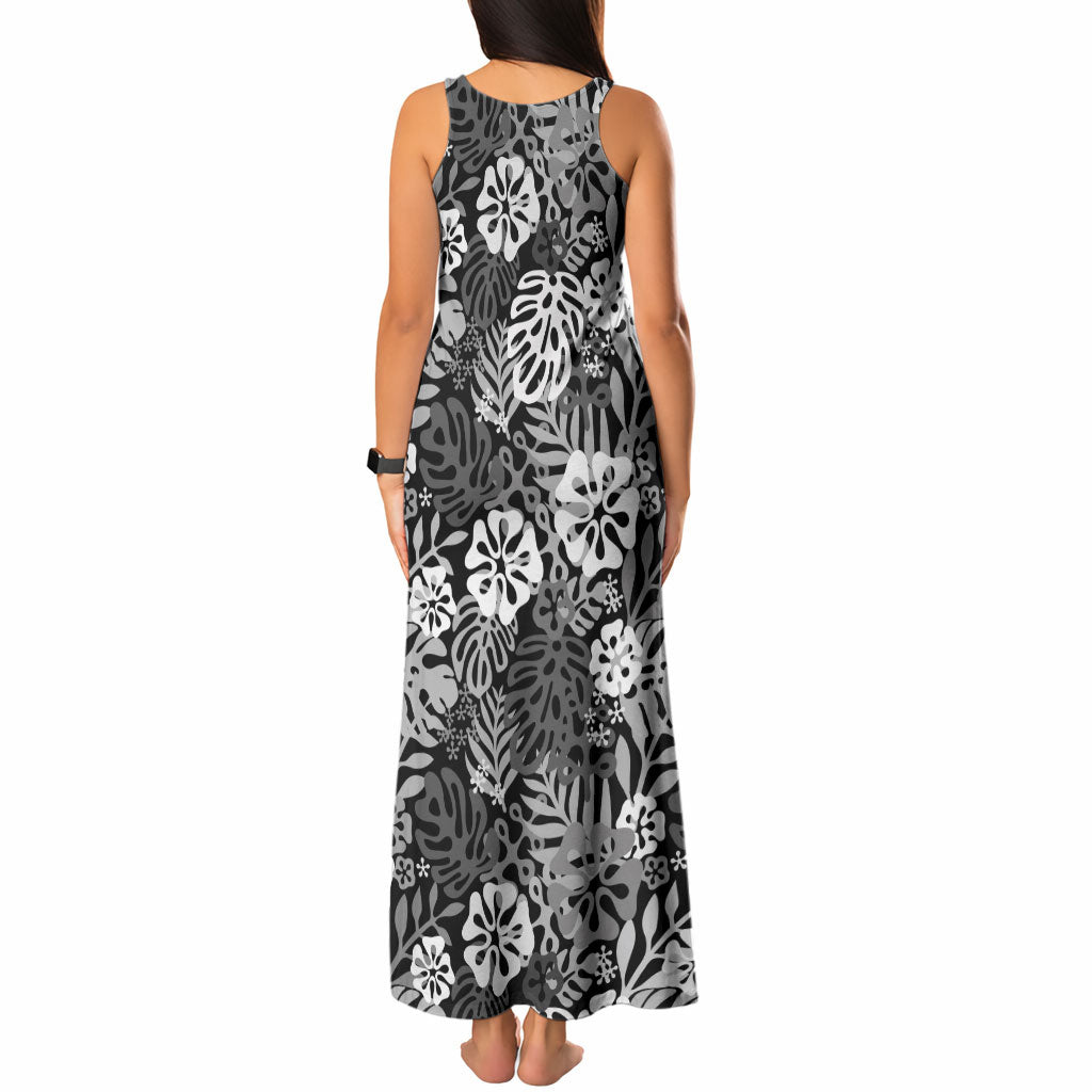 Black Aloha Hawaiian Tank Maxi Dress Monstera Hibiscus Tropical Pattern