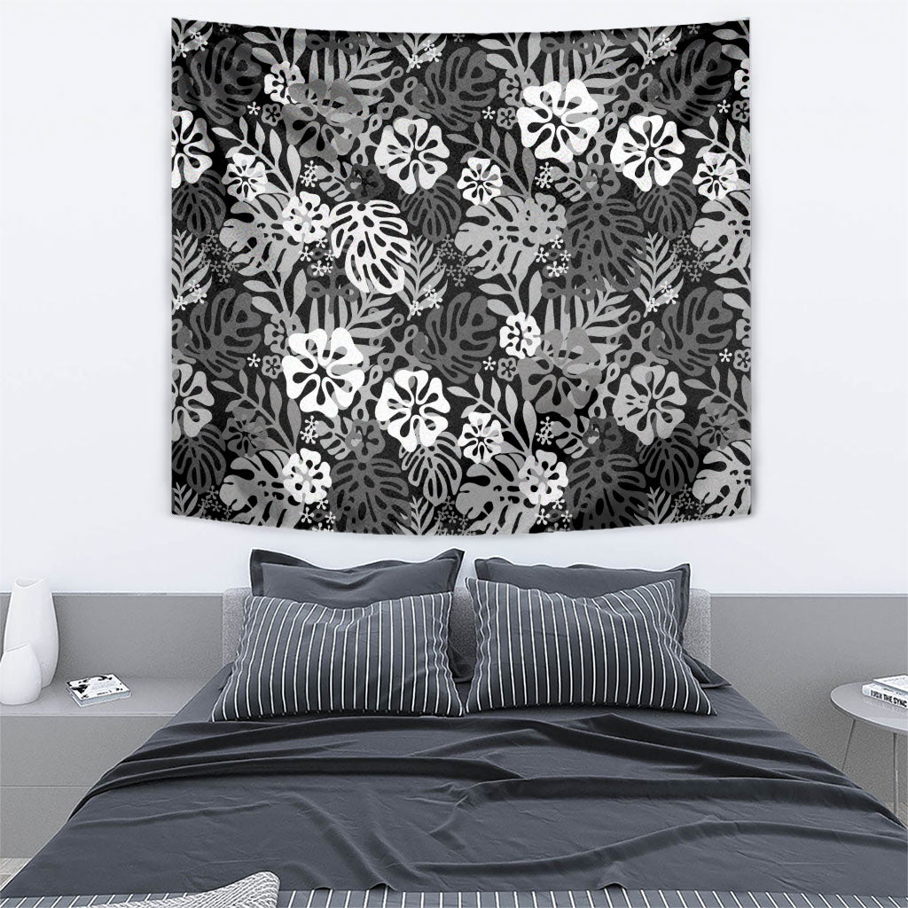 Black Aloha Hawaiian Tapestry Monstera Hibiscus Tropical Pattern