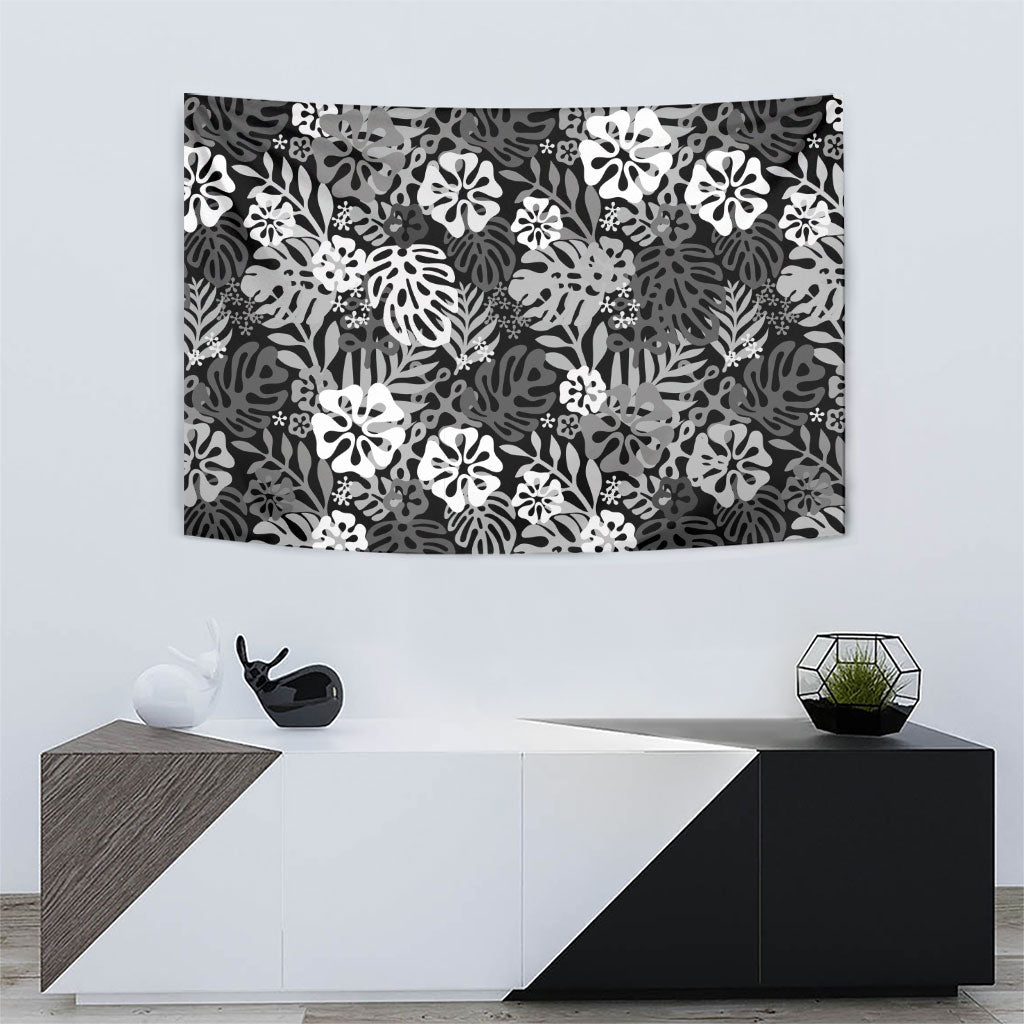 Black Aloha Hawaiian Tapestry Monstera Hibiscus Tropical Pattern