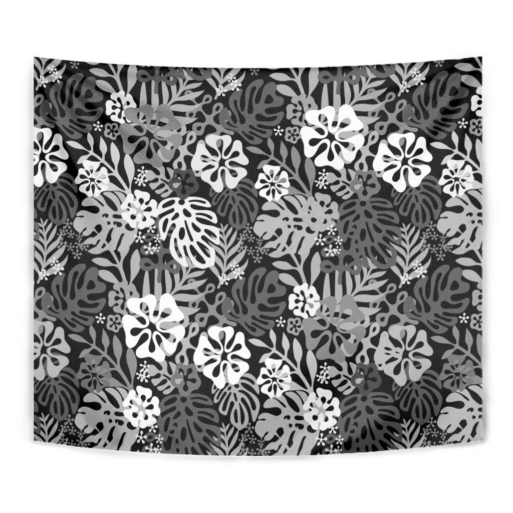 Black Aloha Hawaiian Tapestry Monstera Hibiscus Tropical Pattern