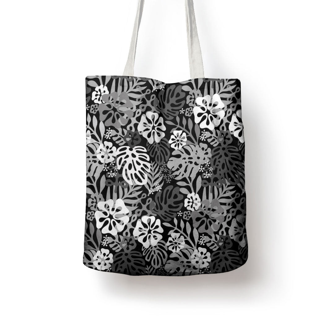 Black Aloha Hawaiian Tote Bag Monstera Hibiscus Tropical Pattern