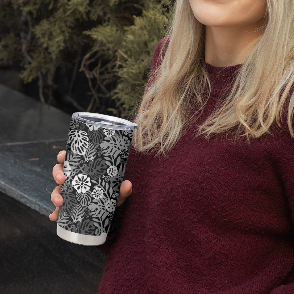 Black Aloha Hawaiian Tumbler Cup Monstera Hibiscus Tropical Pattern