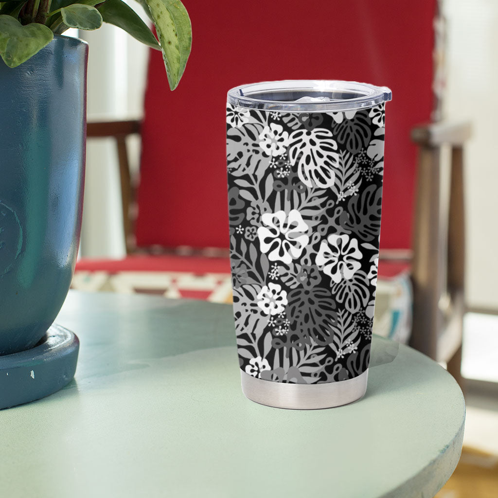 Black Aloha Hawaiian Tumbler Cup Monstera Hibiscus Tropical Pattern