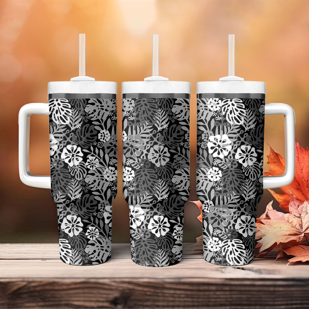 Black Aloha Hawaiian Tumbler With Handle Monstera Hibiscus Tropical Pattern
