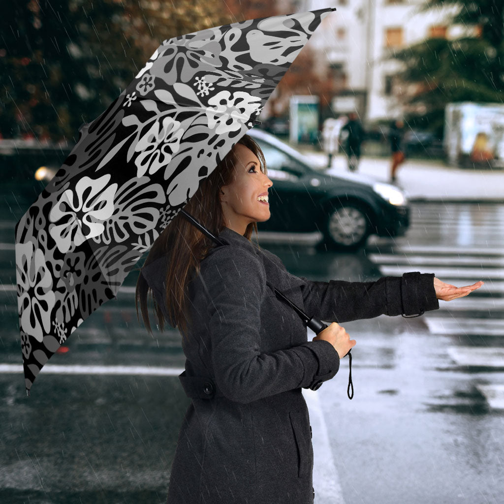 Black Aloha Hawaiian Umbrella Monstera Hibiscus Tropical Pattern