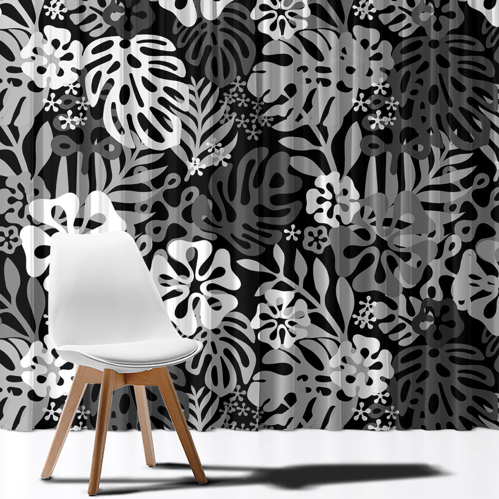 Black Aloha Hawaiian Window Curtain Monstera Hibiscus Tropical Pattern