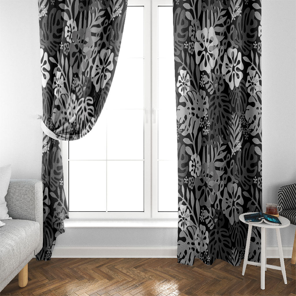 Black Aloha Hawaiian Window Curtain Monstera Hibiscus Tropical Pattern