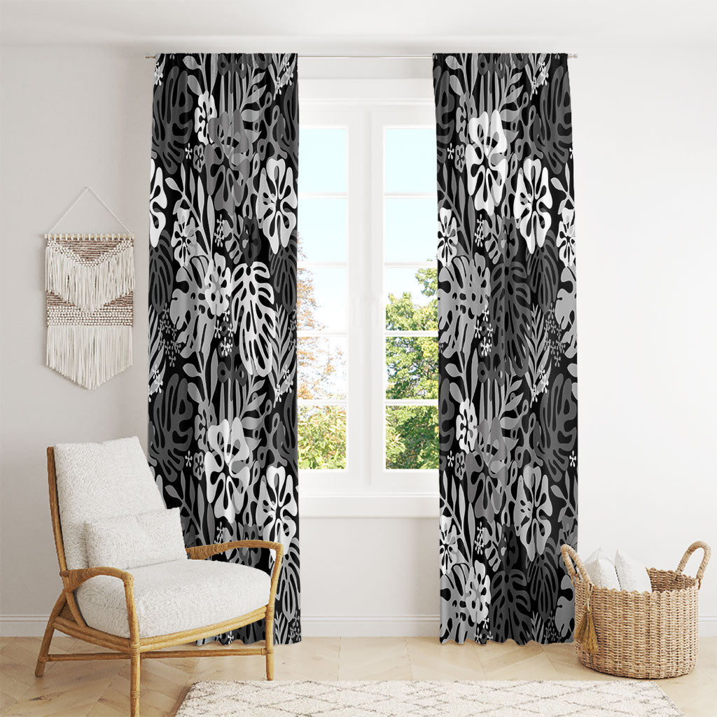 Black Aloha Hawaiian Window Curtain Monstera Hibiscus Tropical Pattern