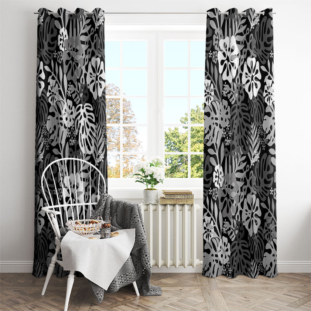 Black Aloha Hawaiian Window Curtain Monstera Hibiscus Tropical Pattern