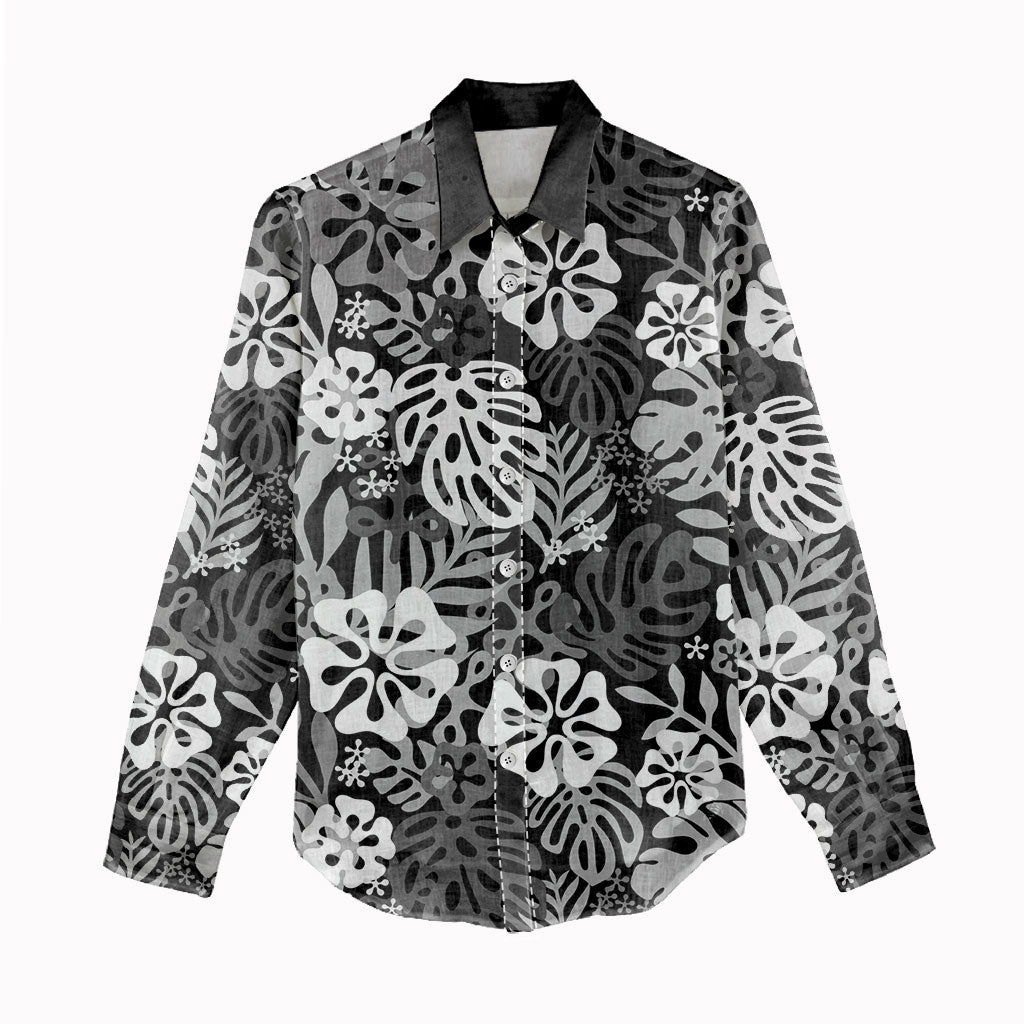 Black Aloha Hawaiian Women Casual Shirt Monstera Hibiscus Tropical Pattern
